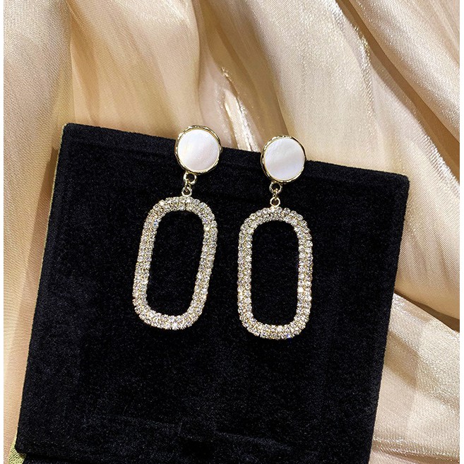 Bông tai đính giả đá lấp lánh hình chữ nhật bo góc BT114