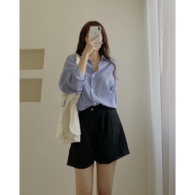 Áo sơ mi dài tay nữ phom rộng basic, Áo sơ mi kẻ xanh 996