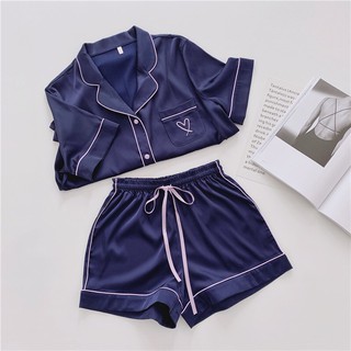 Bộ ngủ pijama lụa cao cấp thêu trái tim