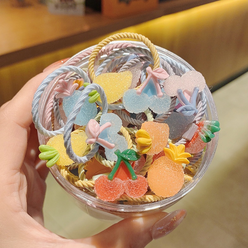 Dây Buộc Tóc Cao Su Co Giãn Phối Lưới Họa Tiết Trái Cây Hoạt Hình Đơn Giản Vui Nhộn Phong Cách Hàn Quốc Cho Bé Gái