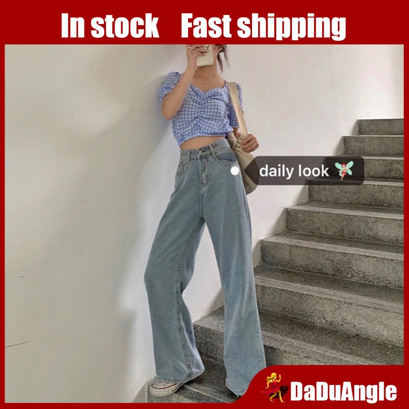 Daduhey Quần jean denim ống rộng lưng cao xinh xắn cho nữ