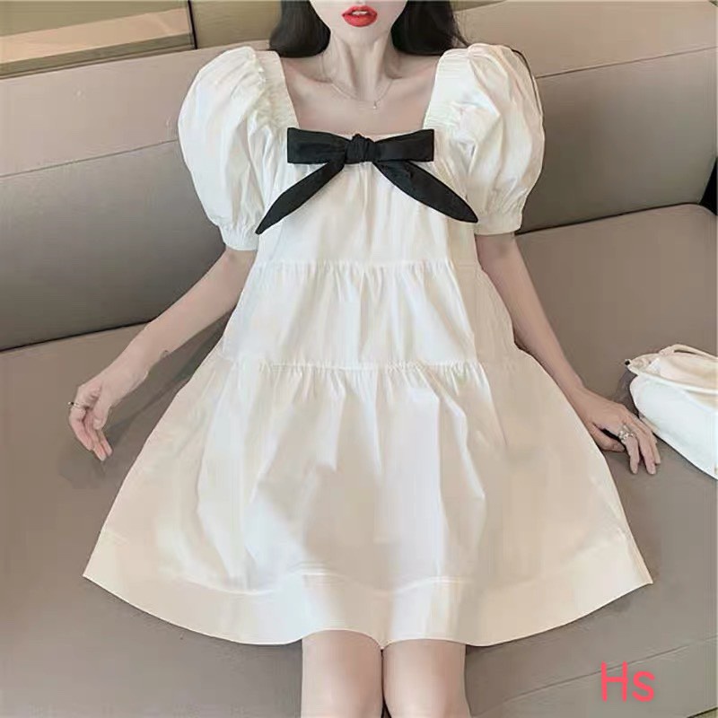 SUV011 Váy babydoll trắng nơ đen tay bồng cổ chun cute hot hit Đầm nữ dáng lỡ trễ vai cute công chúa tiểu thư bánh bèo