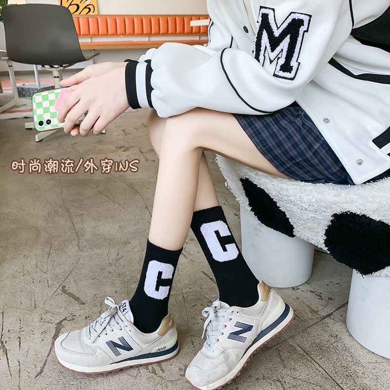 Vớ thể thao WAFNHA D360 vải cotton màu trơn in chữ C phong cách Hàn Quốc thời trang