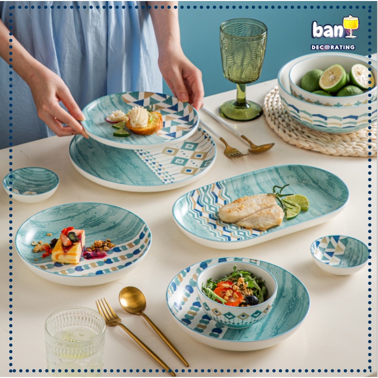 Bộ chén bát hoa văn màu xanh boho