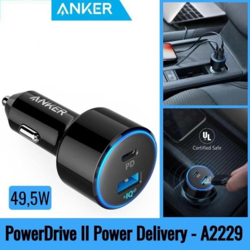 Tẩu Sạc Xe Hơi 2 Cổng Anker PowerDrive+ Speed 49.5W Tích Hợp Cổng USB Type-C / Power IQ 2.0 Power Delivery PD - A2229