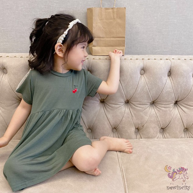Đầm Ngắn Tay In Hình Quả Cherry Cho Bé Gái