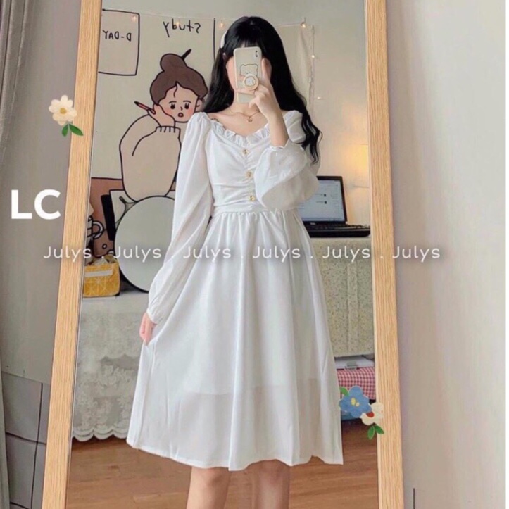 váy babydoll dáng dài trắng tay bồng 3 khuy ngực, đầm nữ dự tiệc dáng xòe điệu đà