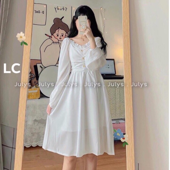 váy babydoll dáng dài trắng tay bồng 3 khuy ngực, đầm nữ dự tiệc dáng xòe điệu đà | BigBuy360 - bigbuy360.vn