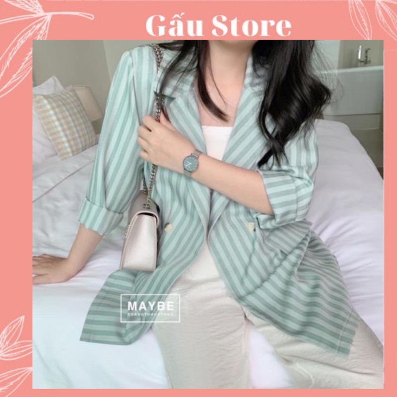 ☘️Áo khoác blazer kẻ sọc xanh nữ gấu store - Vest dáng suông rộng kaki style ulzzang hàn quốc HOT