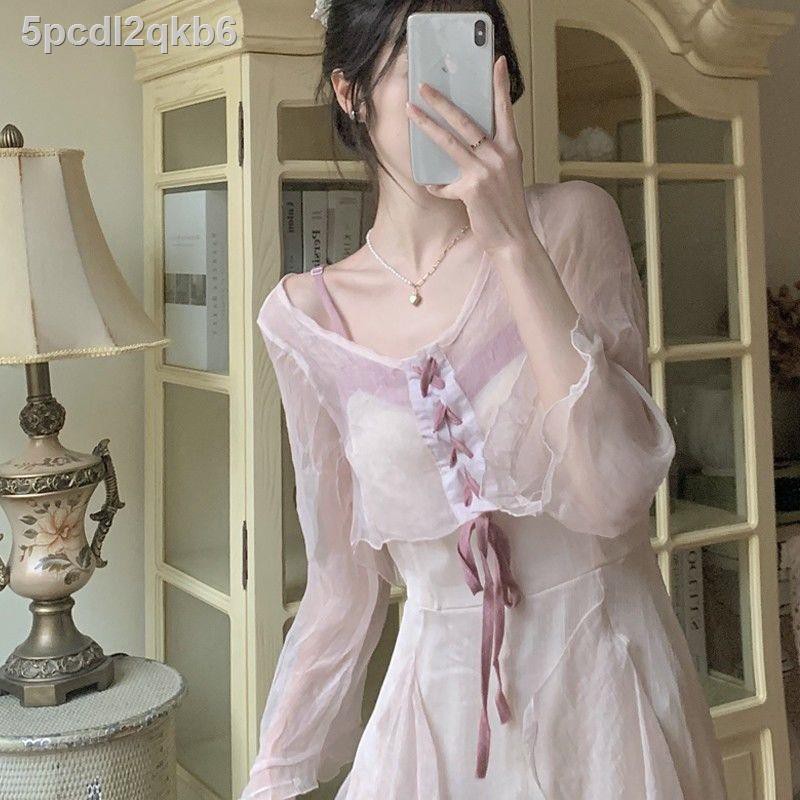 Kiểu dáng nhẹ nhàng váy hai dây lửng dài eo mỏng hơn, tiên nữ màu cam rừng siêu cổ tích đầu hè [ship trong vò