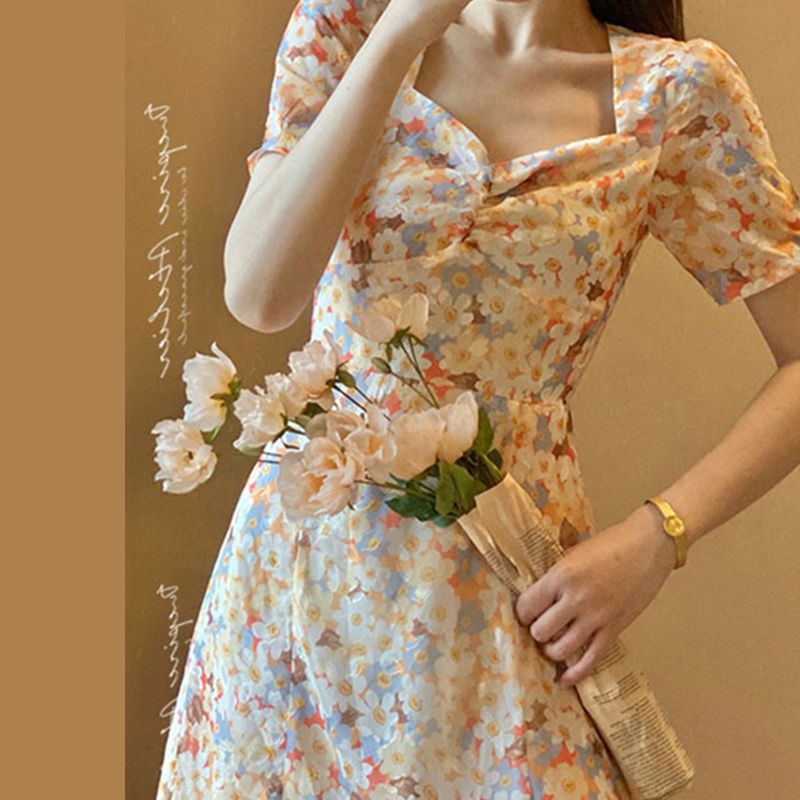(ORDER- Sẵn Vàng) Váy/đầm hoa cúc nhỏ ACOLA cổ vuông style tiên nữ ngọt ngào kiểu Pháp (HÀNG MỚI)