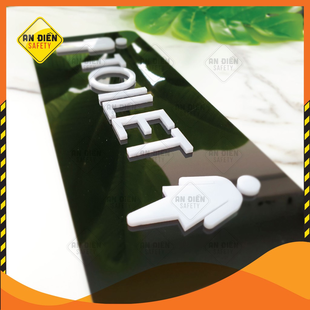 Bảng tên Toilet 40*15 đen trắng hình nhân vật nổi bằng mica cao cấp An Điền Safety, tặng kèm miếng dán 3M