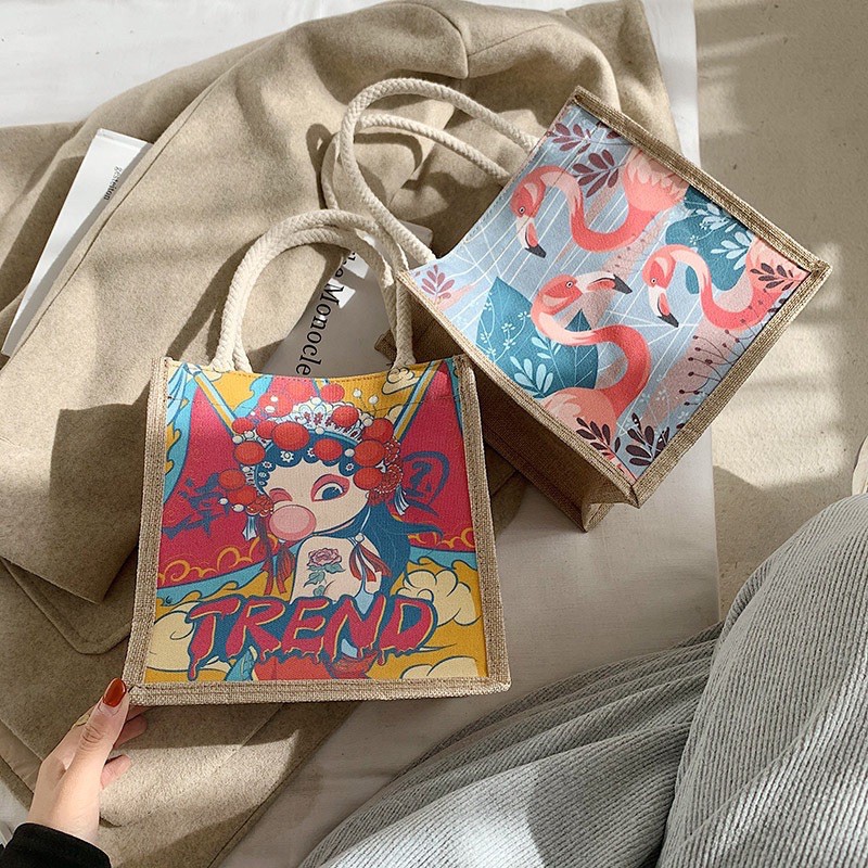 Túi Cói Phong Cách Vintage In Hình ? Freeship ?Túi Vải Mini Thời Trang - Có Khóa Kéo