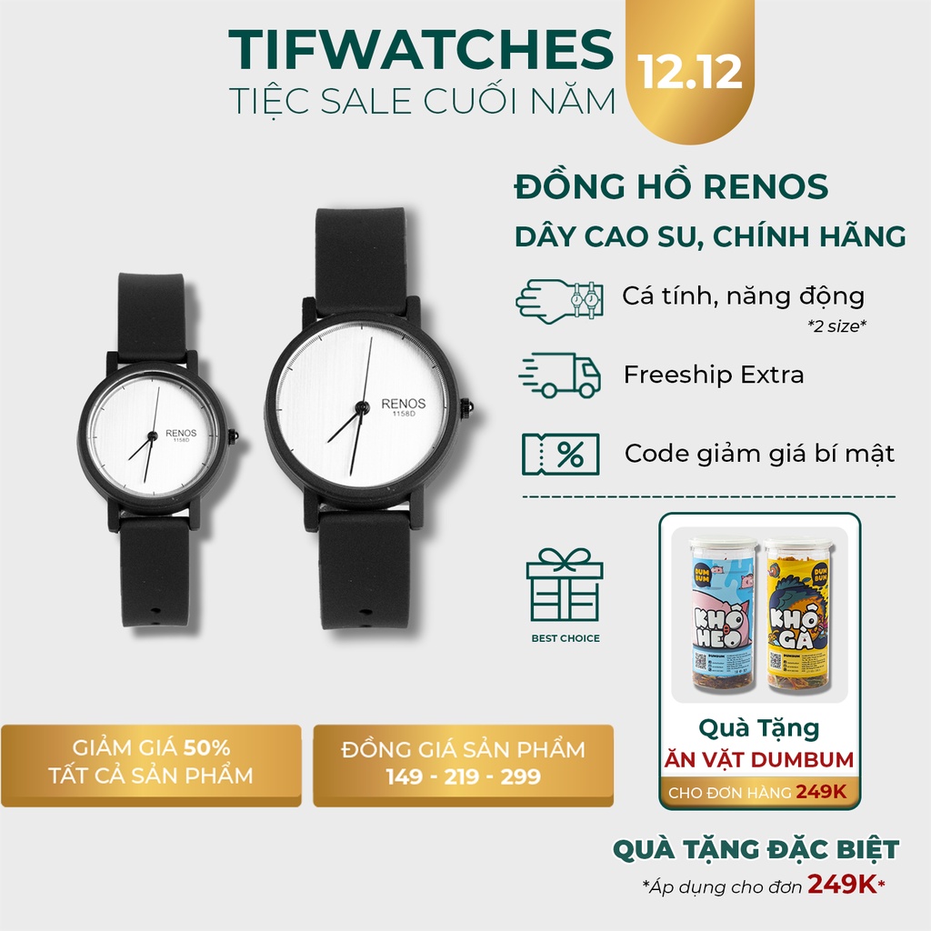 Đồng hồ cặp nam nữ dây cao su RENOS TRƠN trắng xám đồng hồ đôi thể thao cá tính Watchesbytif size 26mm & size 38mm