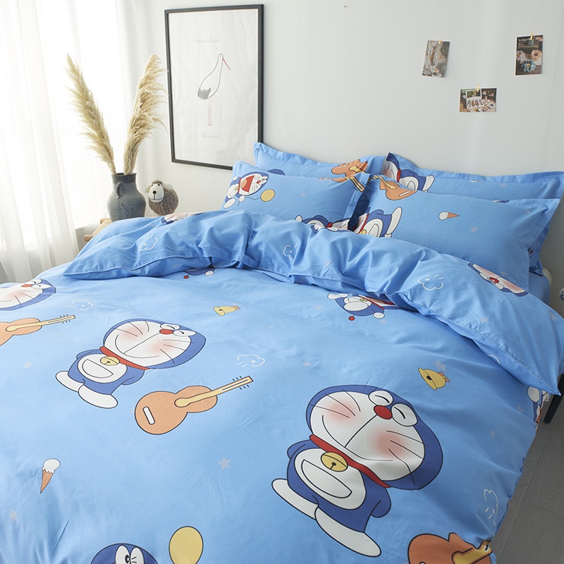 Combo set 5 món ga gối vỏ chăn lồng ruột DOREMON ĐÁNH ĐÀN đủ kích thước