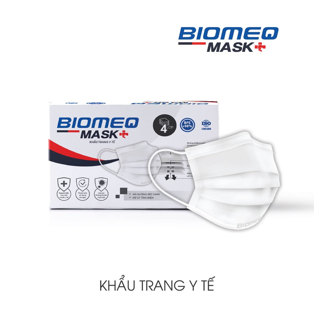 Khẩu trang y tế 4 lớp kháng khuẩn BIOMEQ Mask+ màu trắng