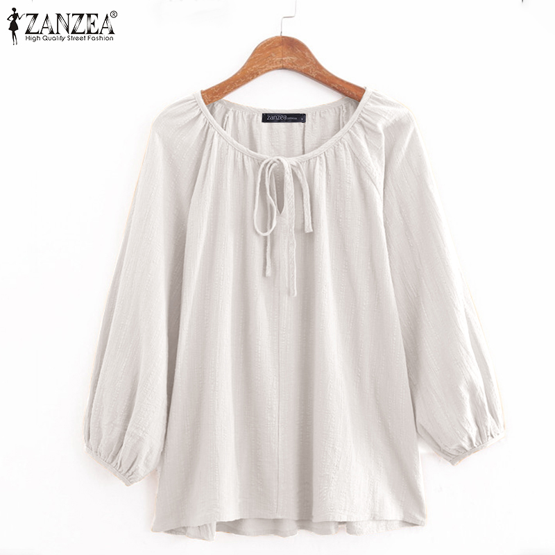 Áo Kiểu Zanzea Tay Phồng Cổ Tròn Rút Dây Màu Trơn Phong Cách Vintage Cho Phụ Nữ