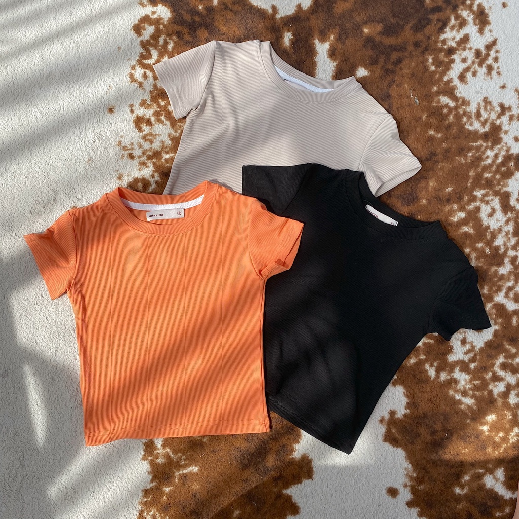 Áo croptop nữ thun tăm cổ tròn cộc tay vintage basic Mia Ritta a2081 ảnh thật