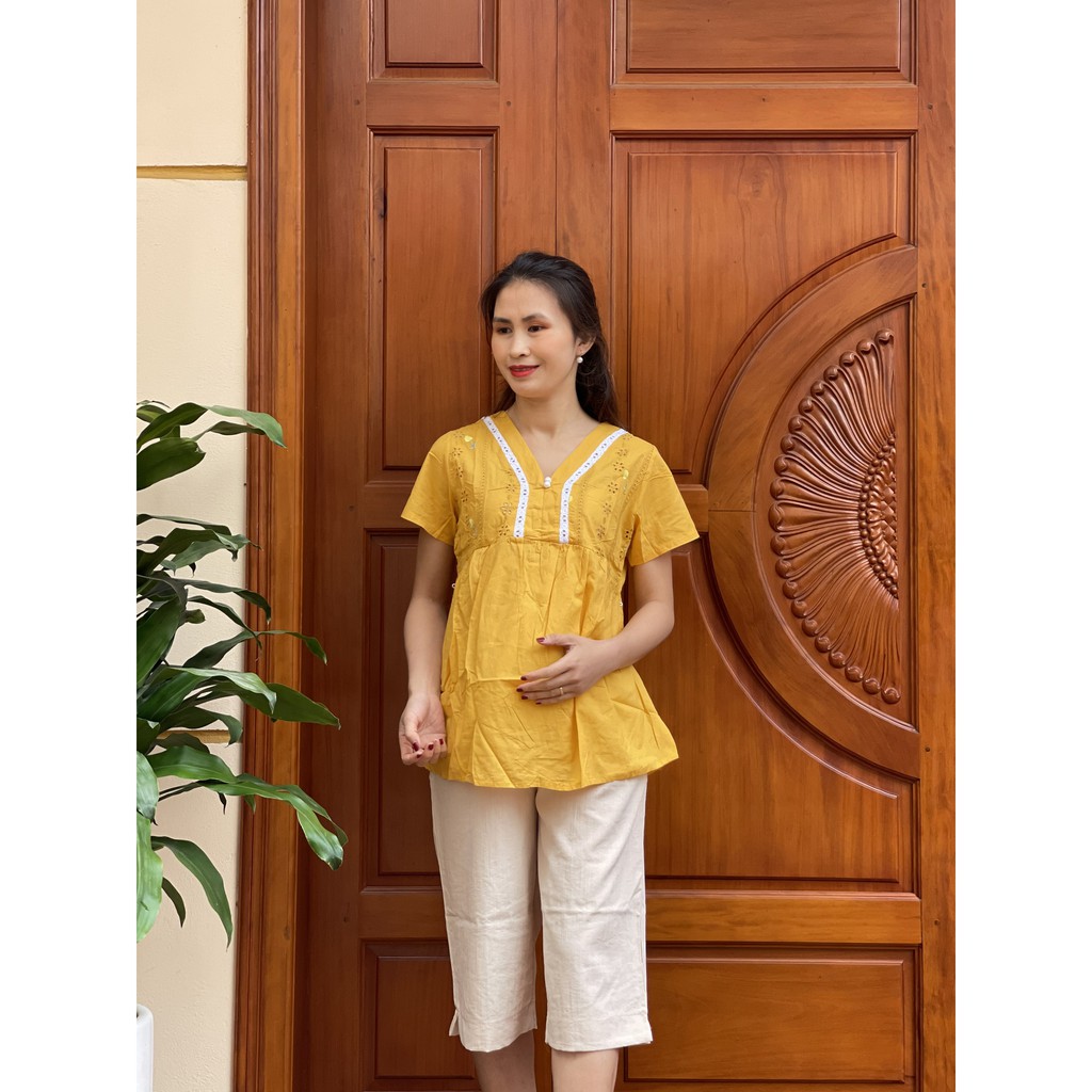 Áo bầu họa tiết hoa có viền A096( kèm ảnh thật)