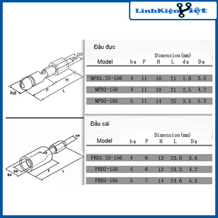 Gói 100 chiếc cos đầu đạn MPD FRD 2 đầu đực cái 1.25-156, 2-156 cốt bấm nối dây điện đủ màu kích thước