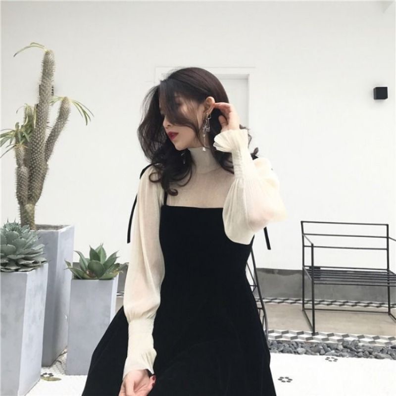 SET ĐẦM DÁNG XÒE HAI DÂY NHUNG PHỐI ÁO LƯỚI HÀNG QUẢNG CHÂU