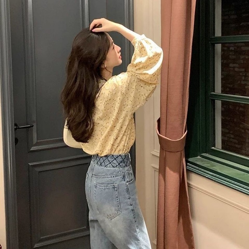 Áo voan IELGY cổ chữ V in hoa kiểu Pháp ngọt ngào vintage cho nữ