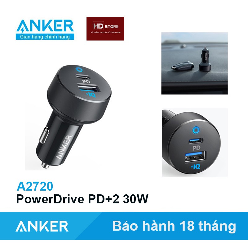 Tẩu Sạc Oto Ô tô ANKER PowerDrive PD+2 30W Sạc nhanh PD 18W Iphone - Mã A2720