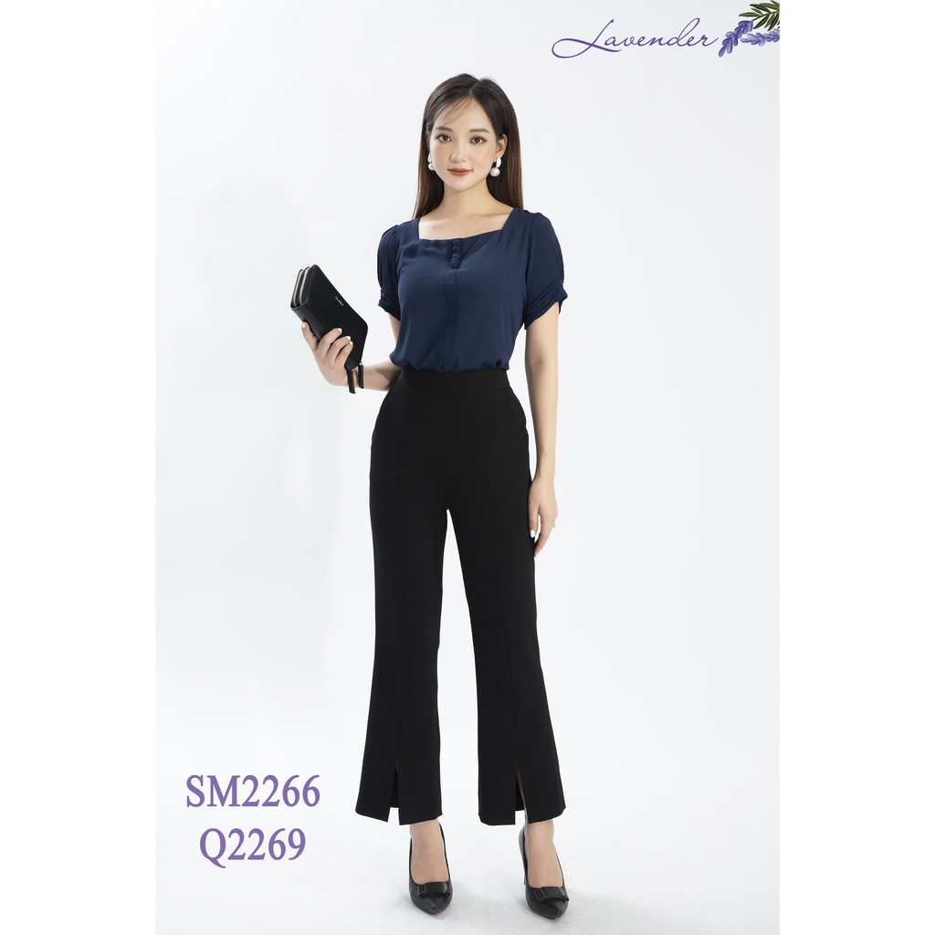 Quần âu nữ đen LAVENDER ống loe dáng xẻ trước cạp cao chất co giãn nhẹ màu đen Q2269