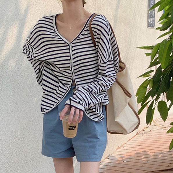 Áo Khoác cardigan Dệt Kim Mỏng Dáng Rộng Cổ Chữ V Họa Tiết Kẻ Sọc Phong Cách Hàn Quốc Thời Trang Mùa Hè Cho Nữ