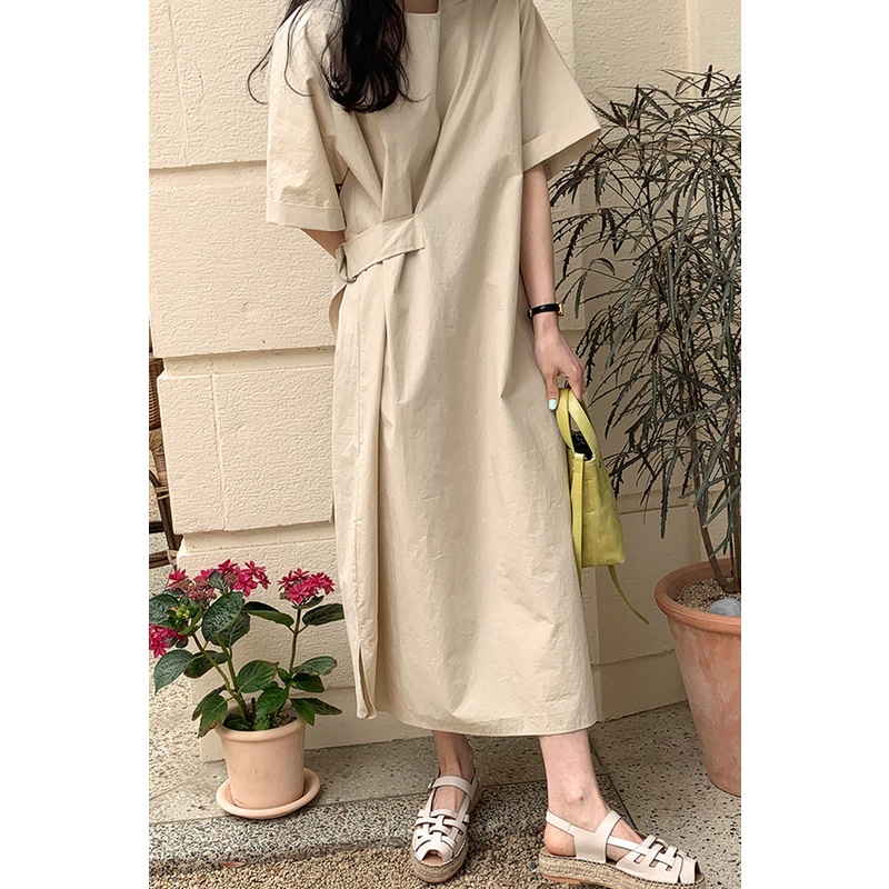 Váy vải thô cộc tay suông rộng dài thiết kế gài đai lưng 1 nửa eo style vintage Hàn Quốc