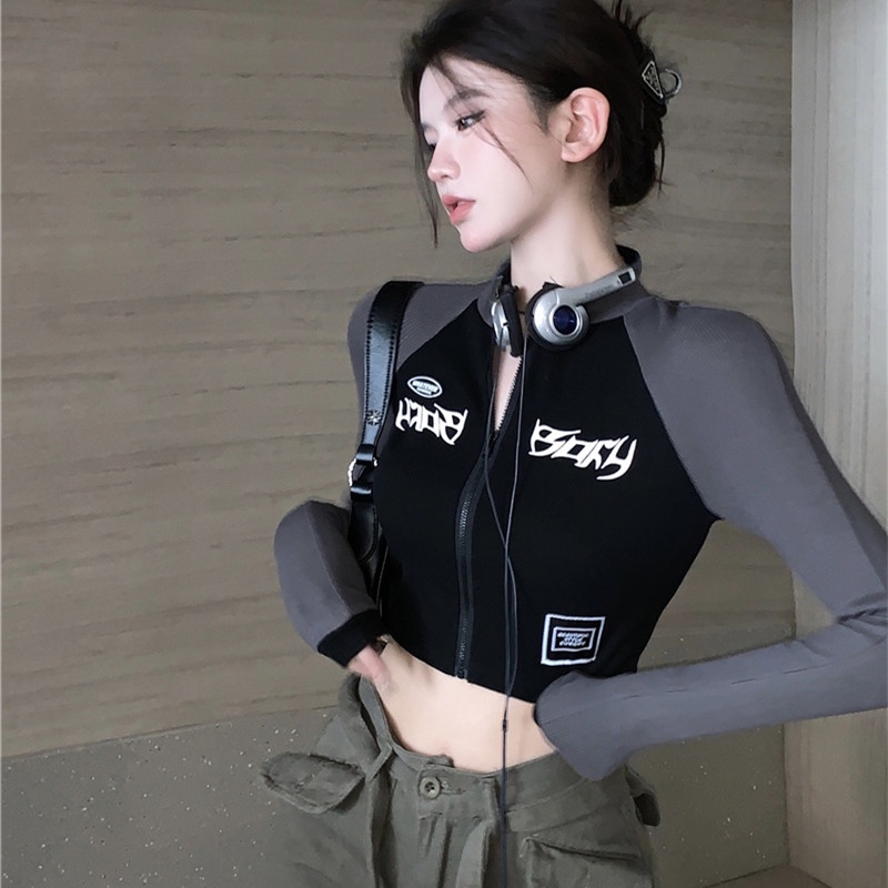 Áo Croptop Tay Dài Cổ Cao Phong Cách Thể Thao