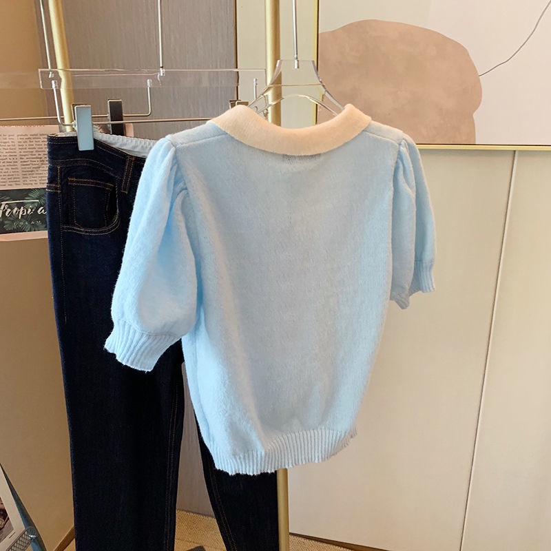 Áo Thun Dệt Kim Mỏng Ngắn Tay In Hình Quả Anh Đào Màu Xanh Dương Thời Trang Mùa Hè