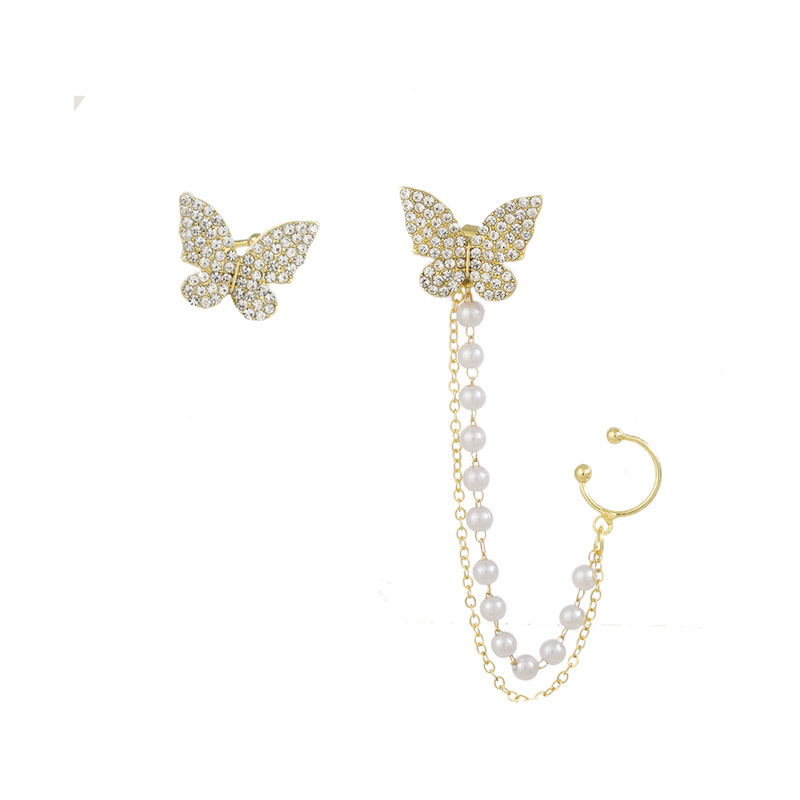 Hoa tai kim cương khảm ngọc trai có dây chuỗi hình com bướm thời trang Hàn Quốc cho nữ
