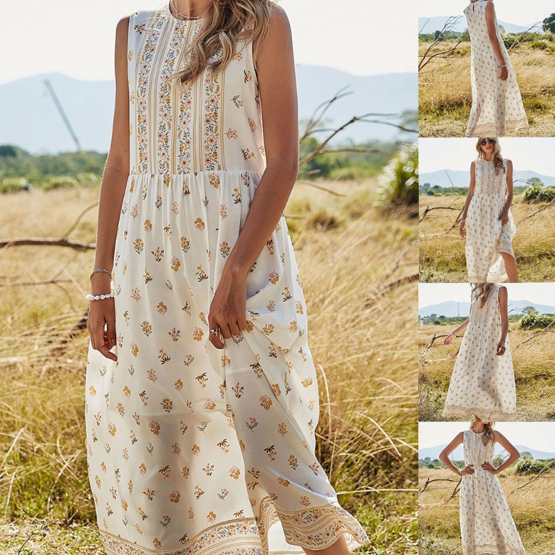 Đầm Dài Cổ Tròn Không Tay Lưng Cao In Họa Tiết Thời Trang Mùa Hè Cho Nữ