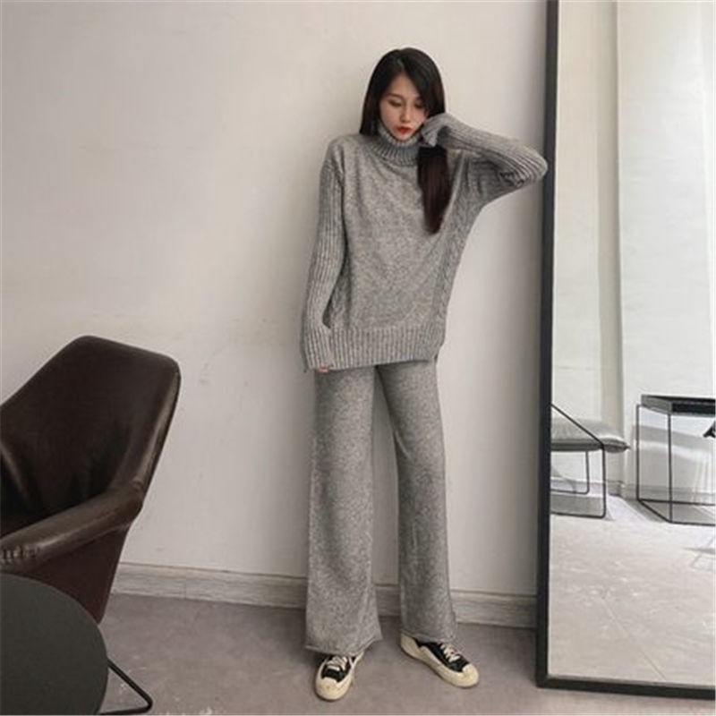 Set trang phục áo sweater dệt kim và quần dài ống rộng thời trang thu đông mới dành cho nữ