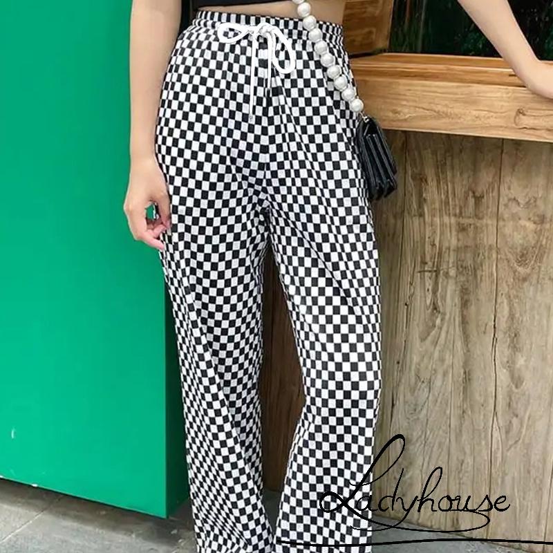 Quần dài lưng thun ống suông họa tiết sọc caro phối dây rút thời trang mùa xuân cho nữ