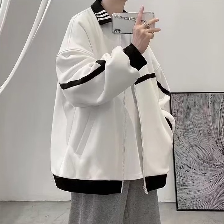 Áo khoác nam áo khoác trơn tay dài có khóa kéo dáng rộng phong cách hàn quốc thời trang cho nam nữ áo khoác bóng chày unisex form rộng thời trang ve áo Đồng phục bóng chày cặp đôi bigsize đơn giản