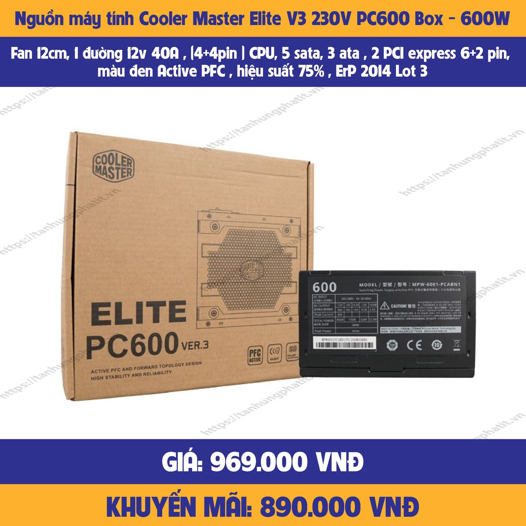 Nguồn máy tính PC Cooler Master Elite V3 230V PC600 Box - 600W-hàng chính hãng-mới 100%