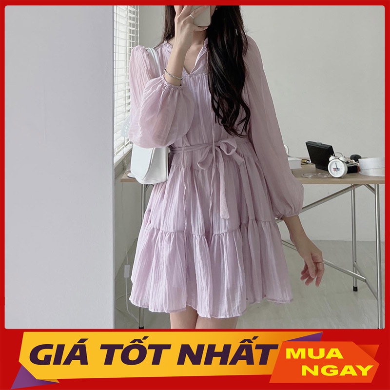 Váy Babydoll Phối Dây Đai Thắt Eo 2 Lớp Phong Cách Tiểu Thư V2037