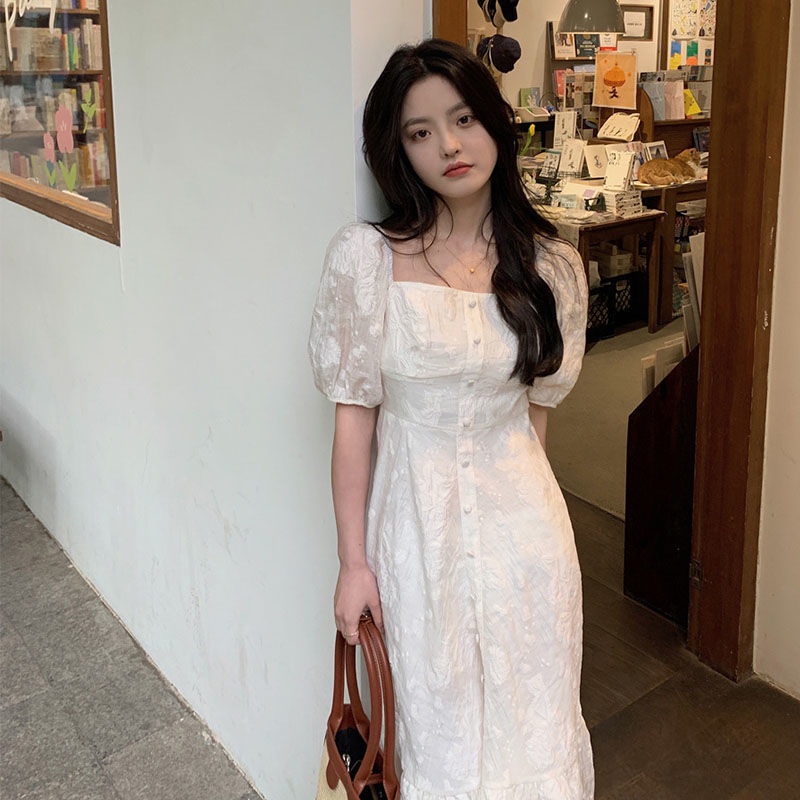 Đầm Dài Dáng Rộng Cổ Vuông Phối Ren Kiểu Retro Nhật Bản Xinh Xắn Cho Học Sinh