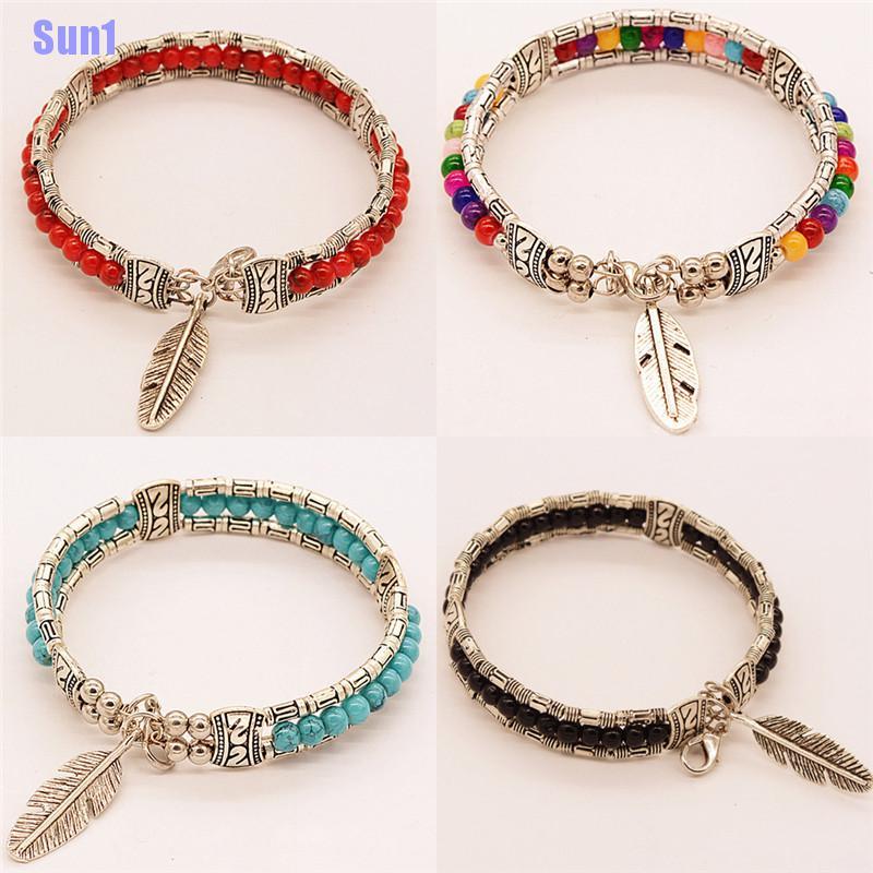 Vòng tay bạc tây tạng mặt hình lông vũ đính đá ngọc lam phong cách boho dành cho nữ