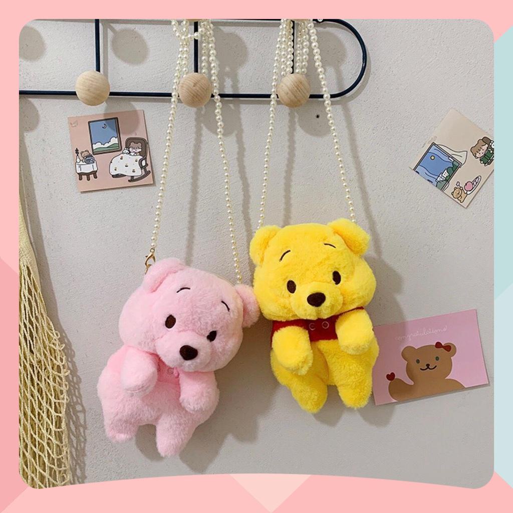 Túi Đeo Chéo Gấu Bông Hình Gấu Pooh - Túi Đeo Vai Hoạt Hình Dễ Thương Dây Hạt Ngọc