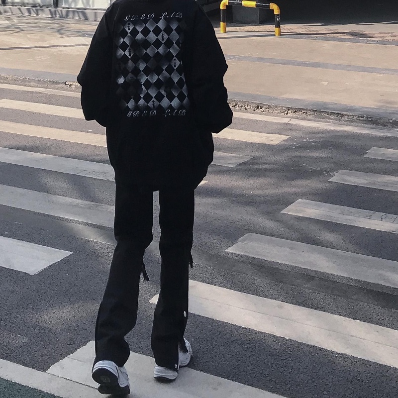 COZOKC COZOK Quần jean COZOK dài dáng rộng ôm chân phối nút kiểu Hồng Kông cá tính độc đáo