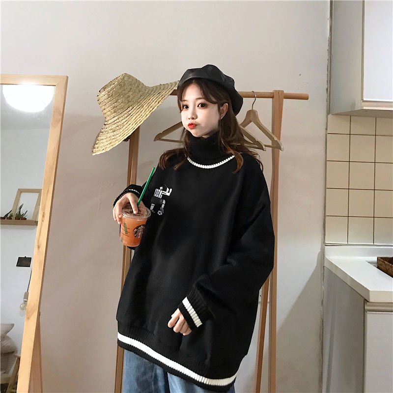 Áo Sweater Cổ Cao Dáng Rộng Phối Nhung Dày Kiểu Hàn Quốc Cá Tính | BigBuy360 - bigbuy360.vn