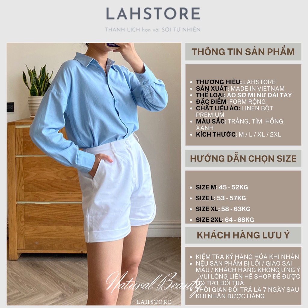 Áo sơ mi nữ dài tay form rộng vải linen, cổ đức trễ vai LAHSTORE ASL01 (Hồng Phấn)