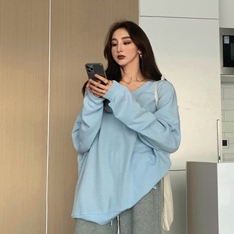 QADCOL Áo thun lửng dài tay cổ chữ V dáng rộng thời trang cho nữ