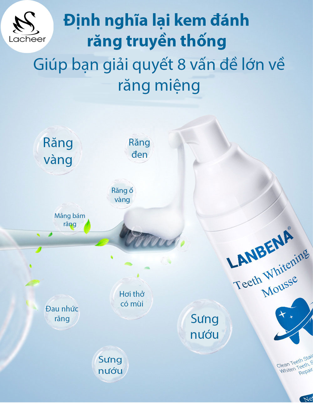 LANBENA Bọt làm trắng răng khử mùi hôi miệng kem đánh răng làm sạch răng tẩy vết ố teeth whitening mousse 60ml