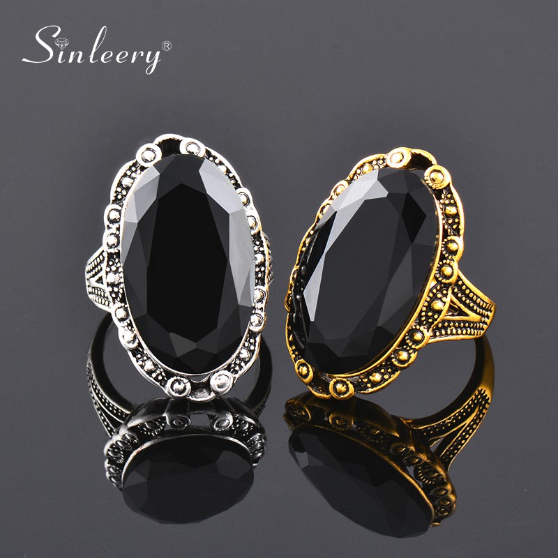 Nhẫn SINLEERY JZ516 Anel đính đá oval màu đen nhân tạo cỡ 6-10 tùy chọn phong cách cổ điển thời trang