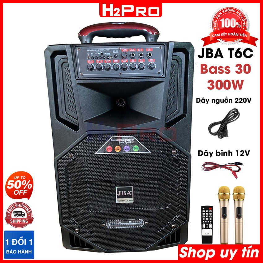 Loa kéo karaoke JBA T6C H2PRO bass 30, 300W, 2 micro, có điều khiển, điện 220V12V ( tặng dây kẹp acquy 12V trị giá 69K )