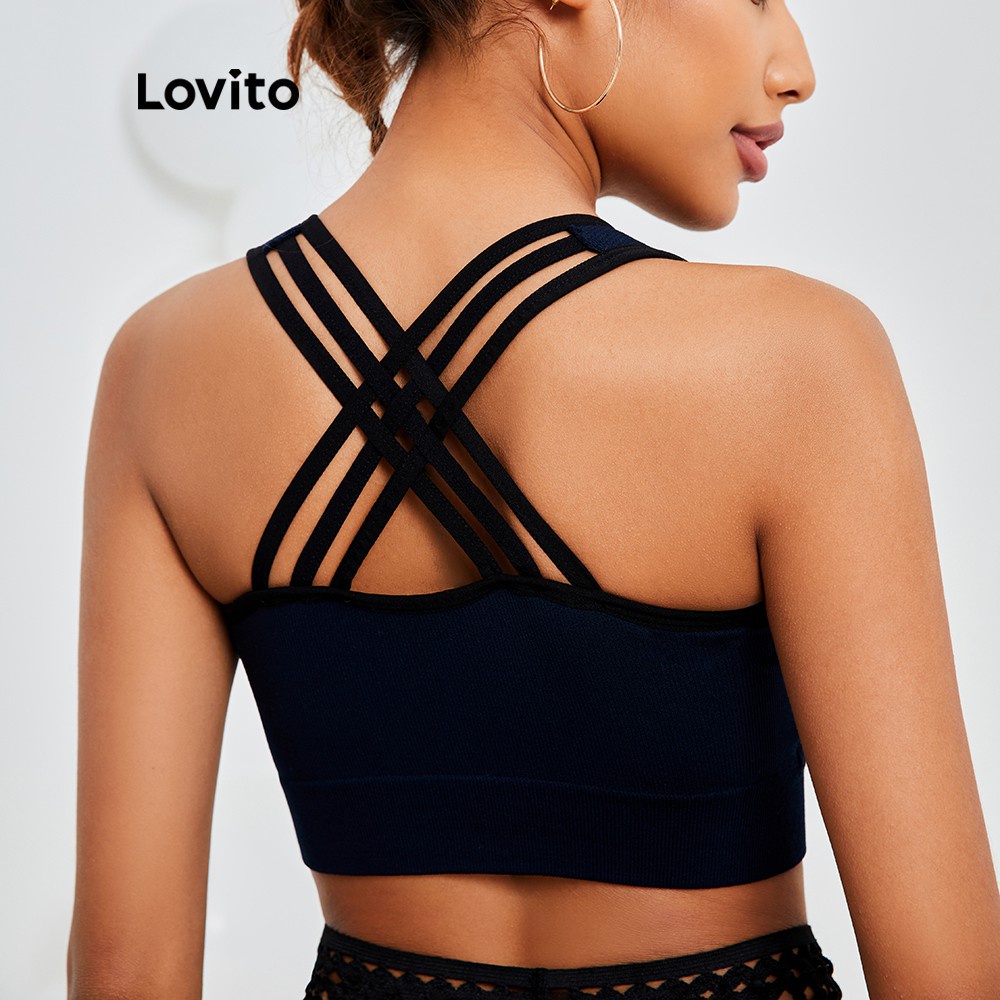 Áo ngực thể thao Lovito màu trơn ôm dáng độ co giãn cao thiết kế hở lưng chéo dây L13X091 (Màu xanh biển)